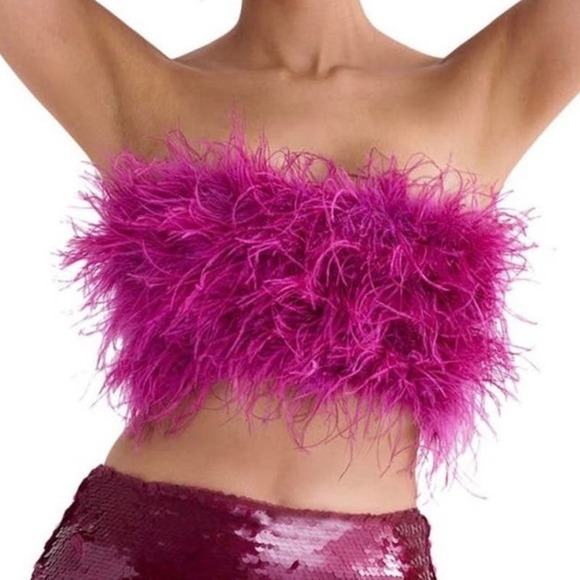 House Of CB Fenella Feather Strapless Crop Top In Pink Small